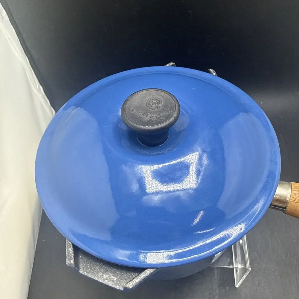 Vintage Le Creuset #16 Saucepan Blue Cast Iron Wood Handle Lid Made in France